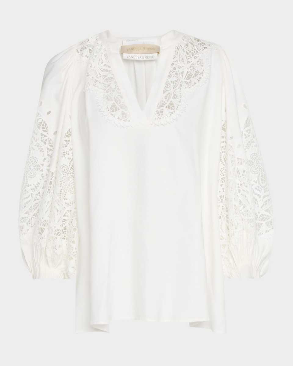 Bell Balloon-Sleeve Lace Inset Blous